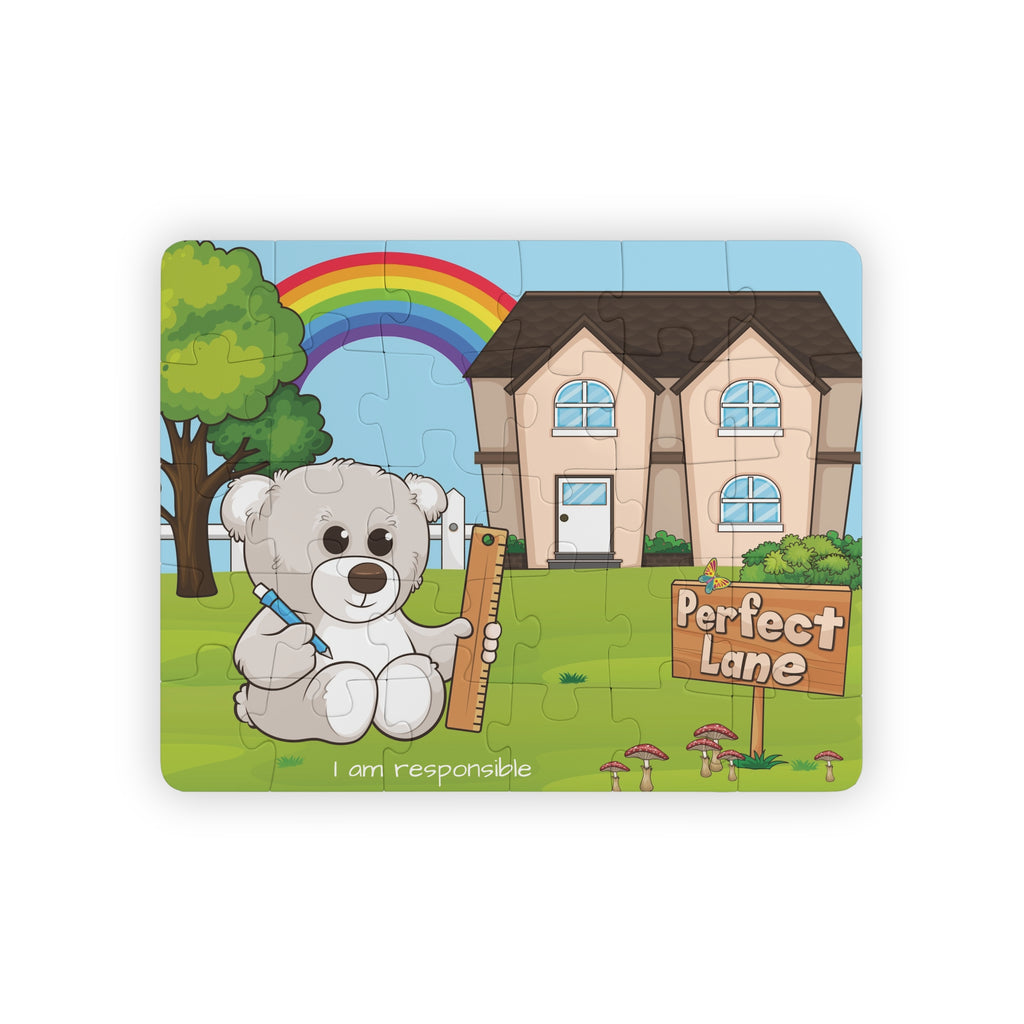 A 30 piece puzzle with a scene of a bear sitting in the yard of its house, a rainbow in the background, and the phrase "I am responsible" along the bottom.