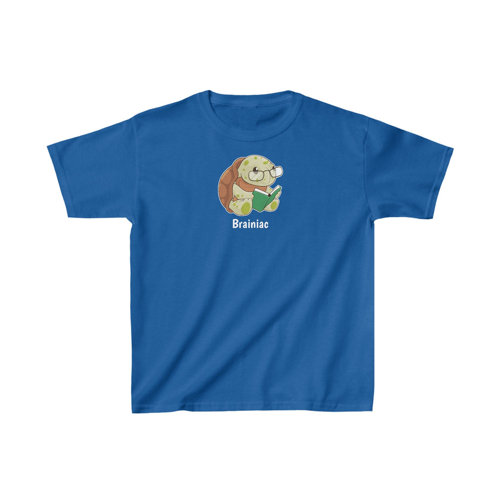 A short-sleeve royal blue shirt with a picture of a turtle that says Brainiac.