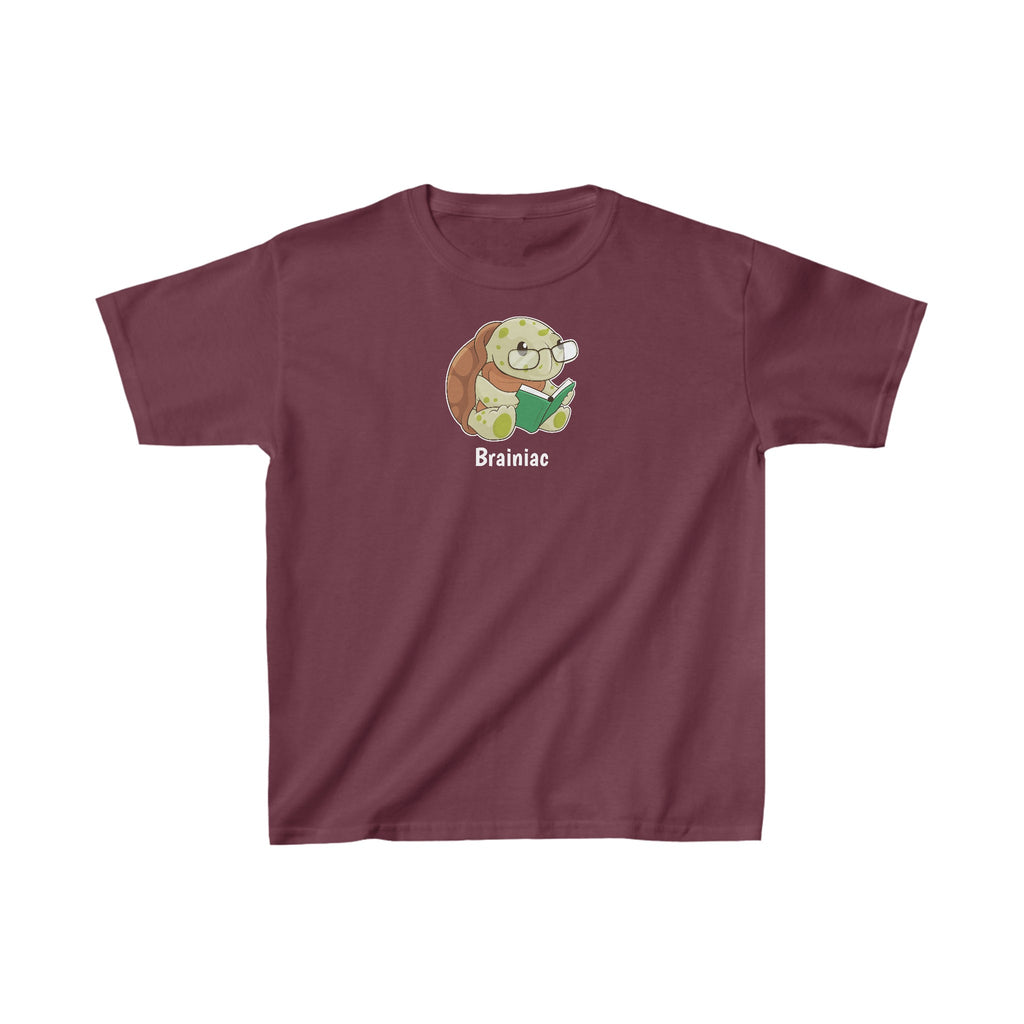 A short-sleeve maroon shirt with a picture of a turtle that says Brainiac.