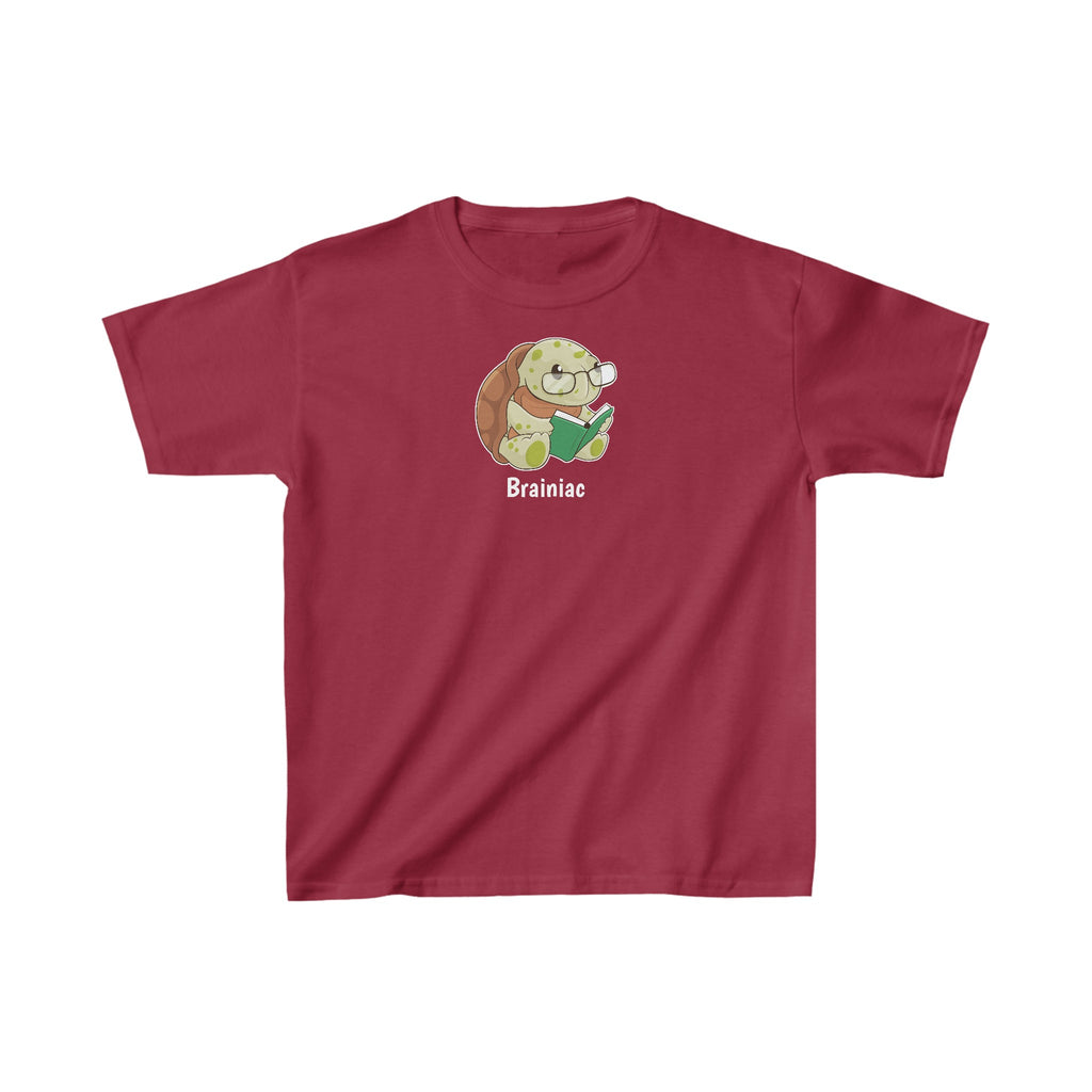 A short-sleeve cardinal red shirt with a picture of a turtle that says Brainiac.