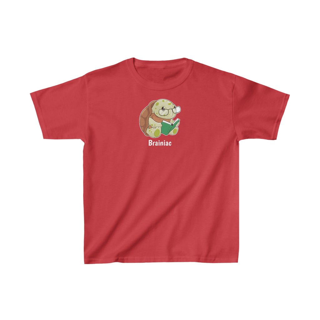 A short-sleeve red shirt with a picture of a turtle that says Brainiac.