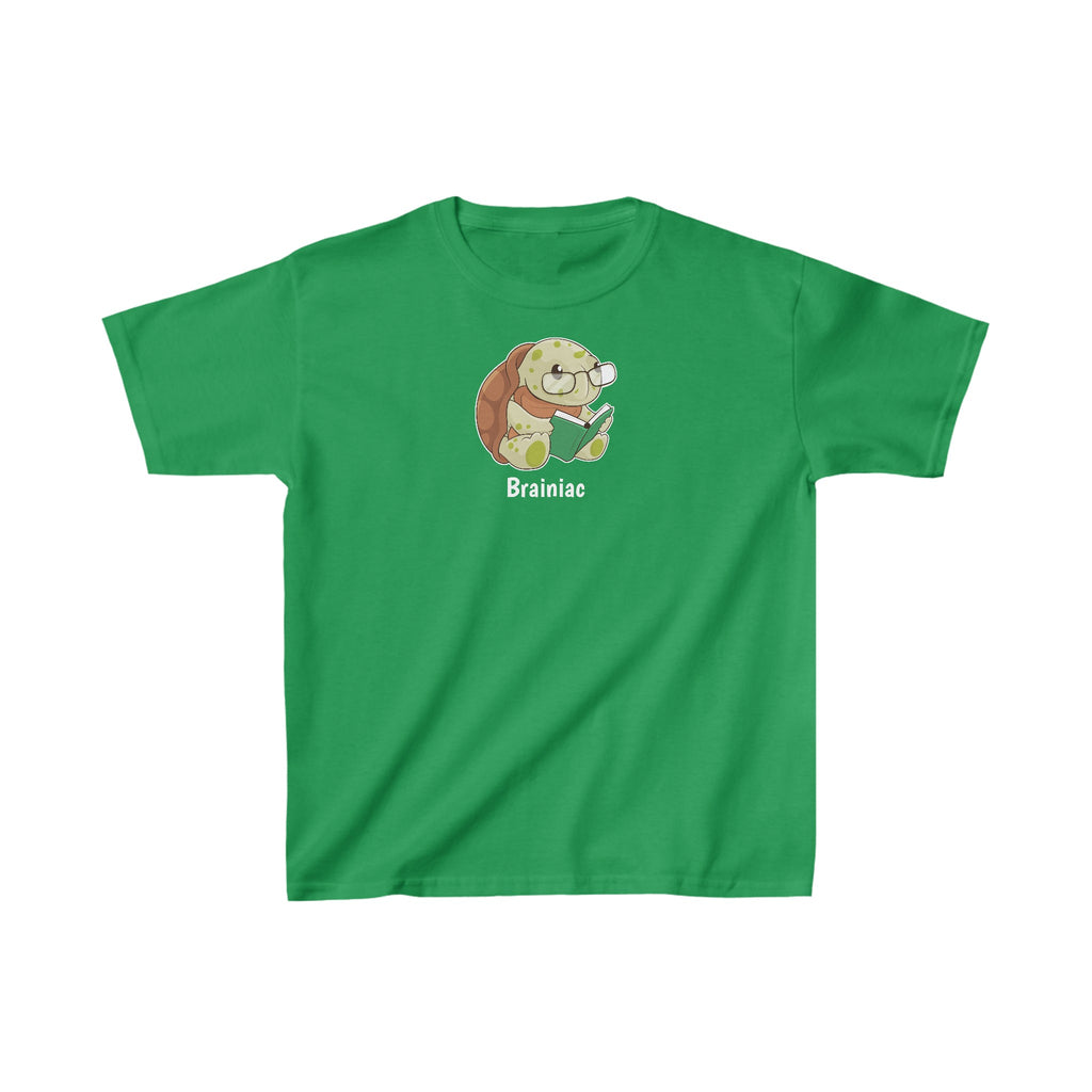 A short-sleeve green shirt with a picture of a turtle that says Brainiac.