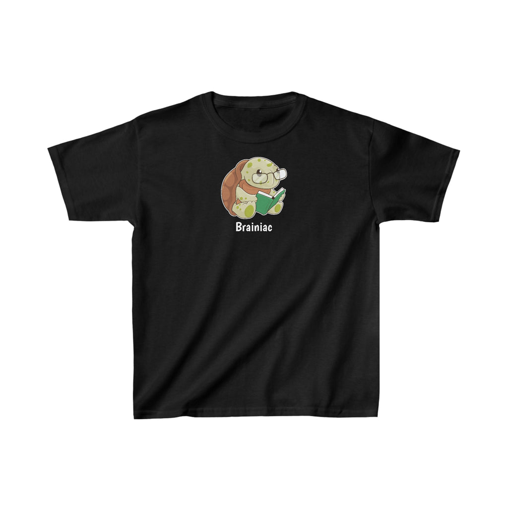 A short-sleeve black shirt with a picture of a turtle that says Brainiac.