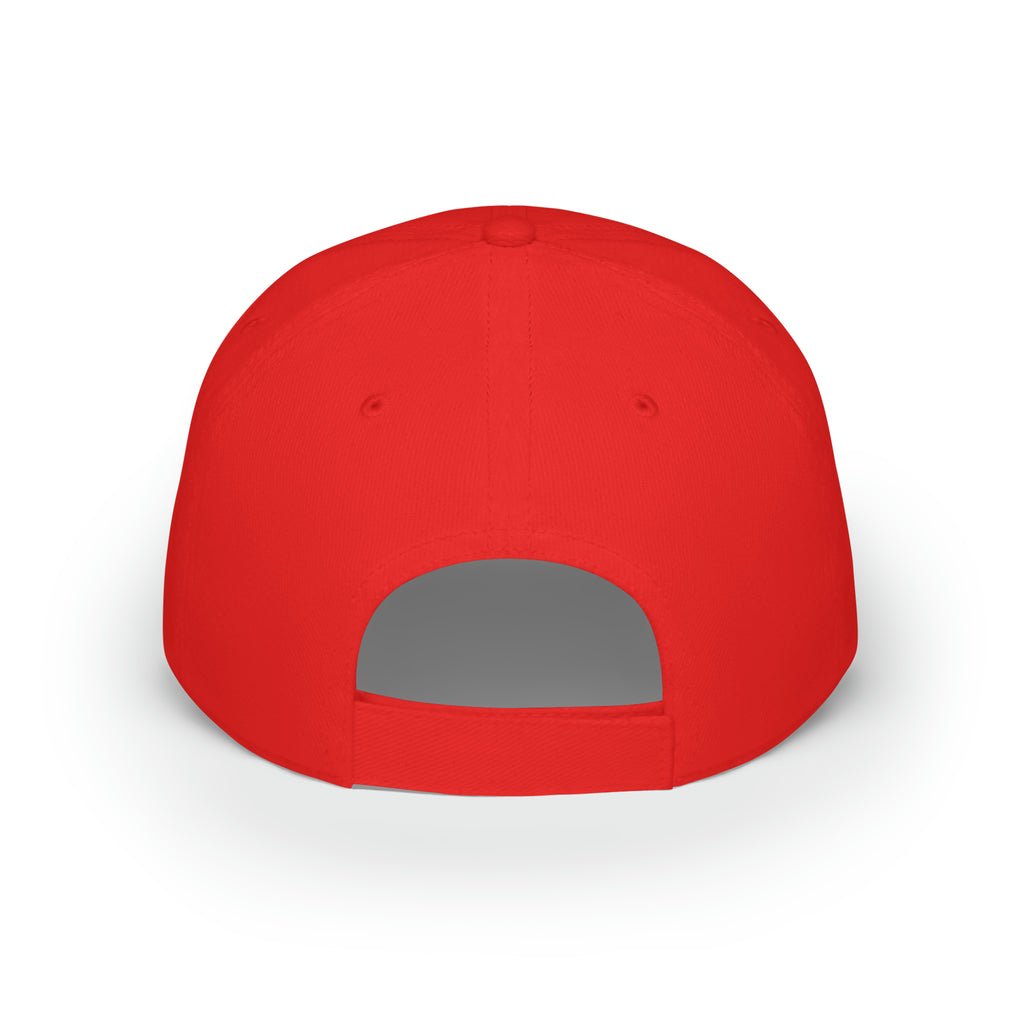 Back-view of a red baseball hat with a velcro strap.