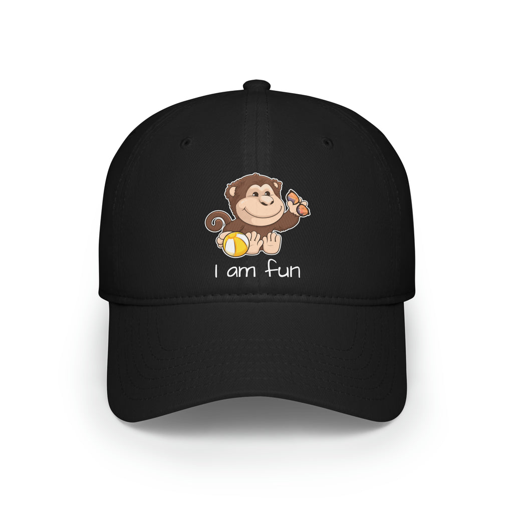 Front-view of a black baseball hat with a picture of a monkey that says I am fun.
