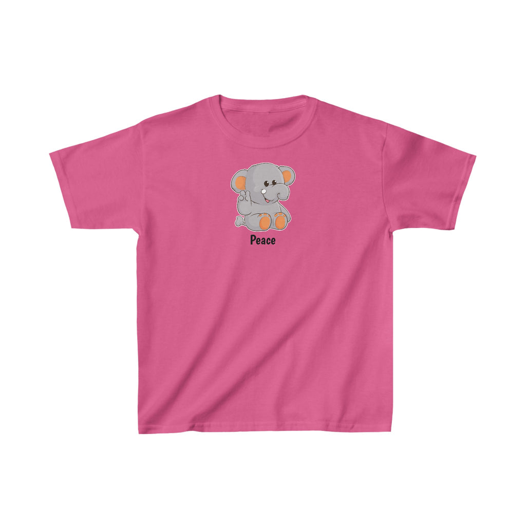A short-sleeve pink shirt with a picture of an elephant that says Peace.