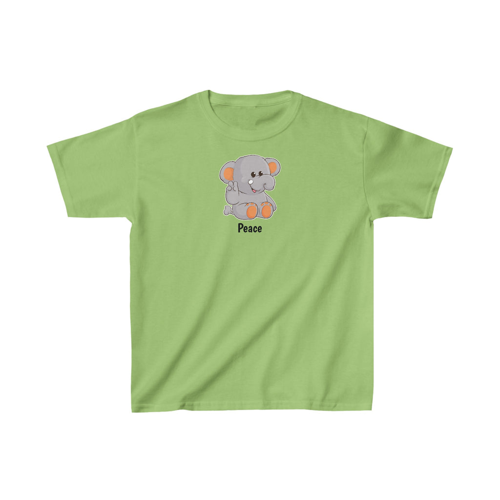 A short-sleeve lime green shirt with a picture of an elephant that says Peace.