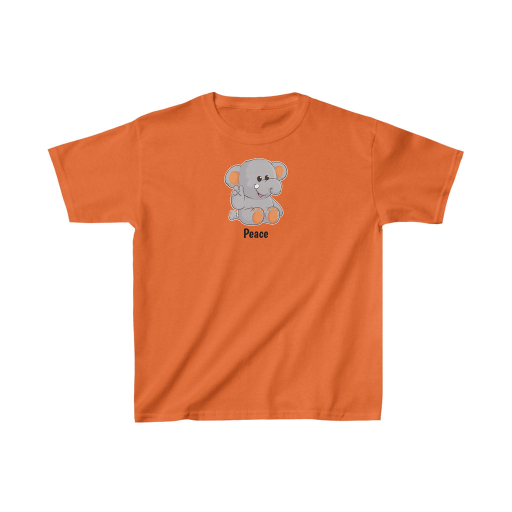 A short-sleeve orange shirt with a picture of an elephant that says Peace.
