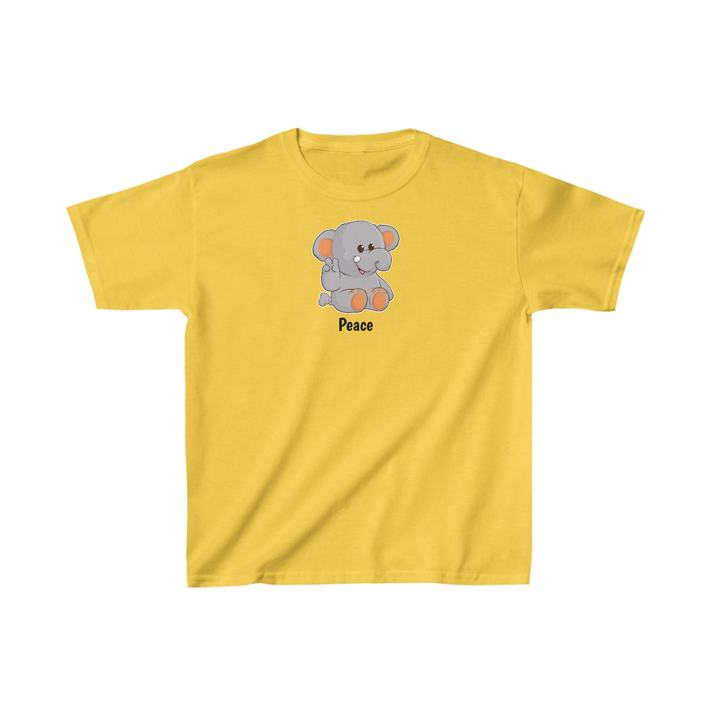 A short-sleeve yellow shirt with a picture of an elephant that says Peace.