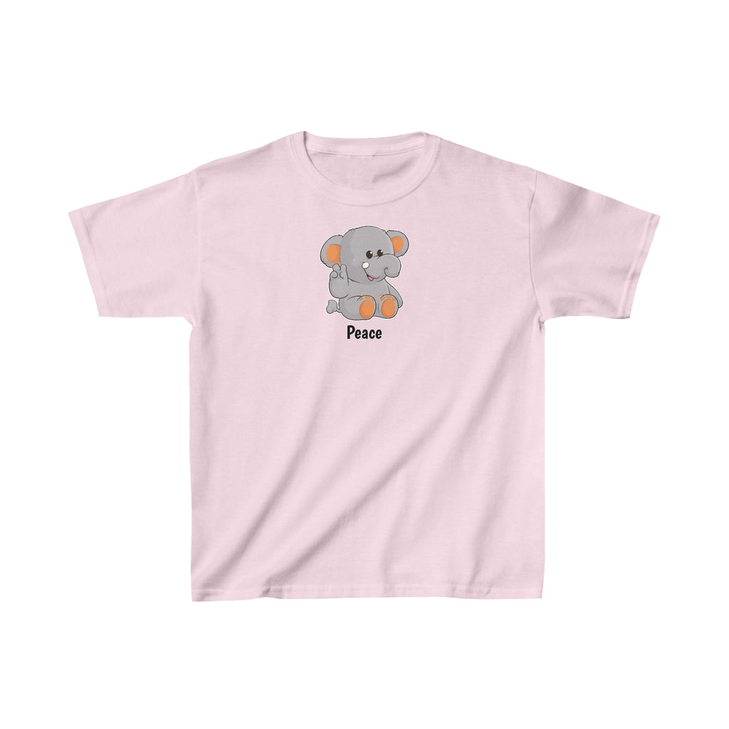 A short-sleeve light pink shirt with a picture of an elephant that says Peace.