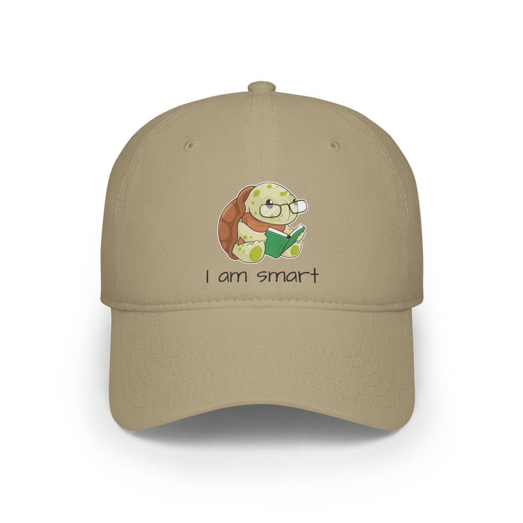 Front-view of a khaki baseball hat with a picture of a turtle that says I am smart.