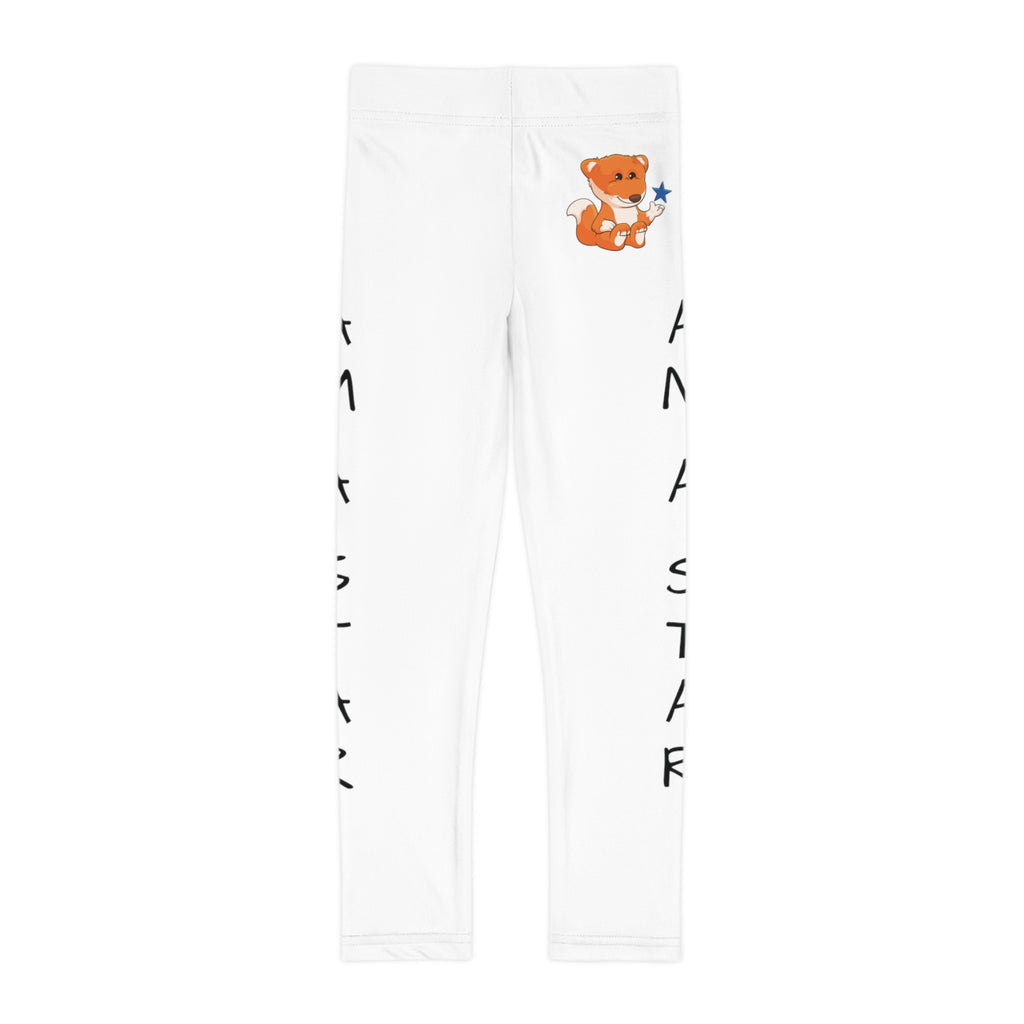 White leggings with a picture of a fox on the front left waist and the phrase "I am a star" read top to bottom on the side of each leg.