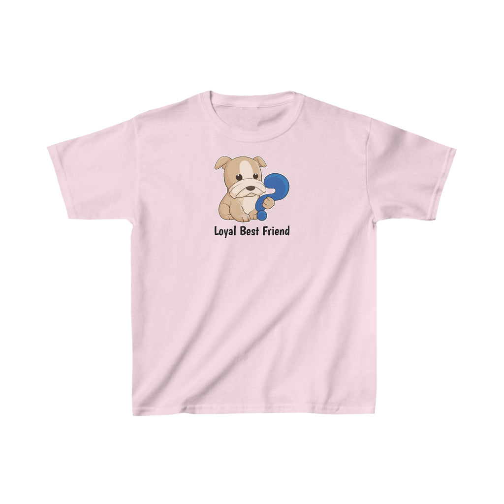 A short-sleeve light pink shirt with a picture of a dog that says Loyal Best Friend.