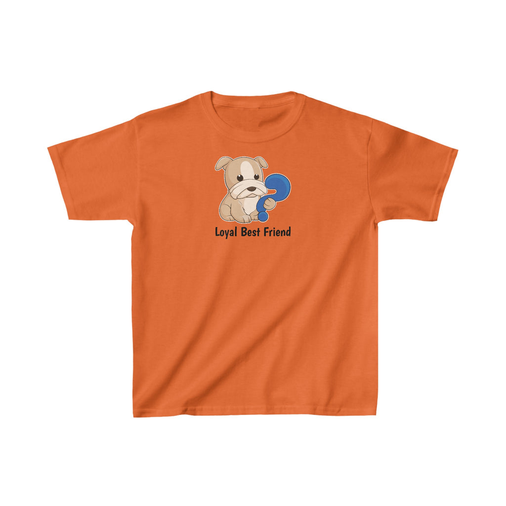 A short-sleeve orange shirt with a picture of a dog that says Loyal Best Friend.