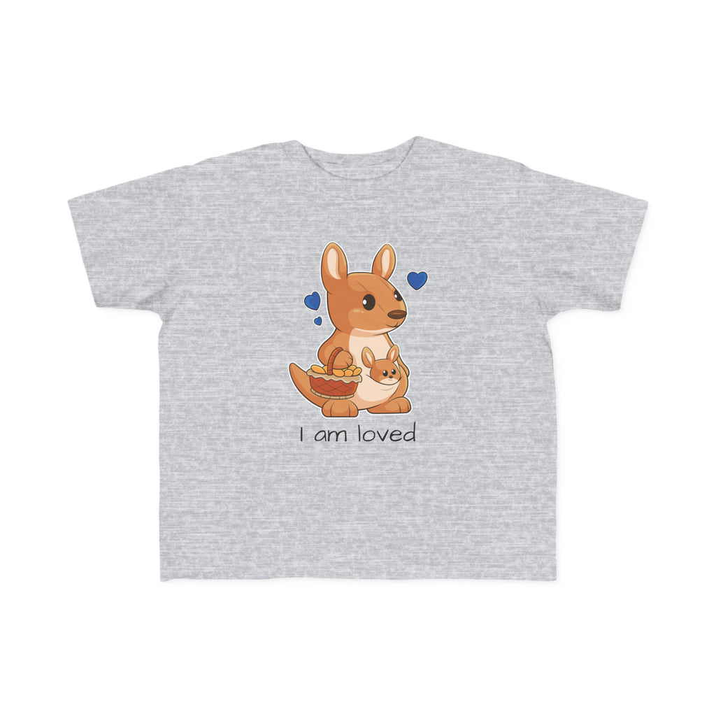 A short-sleeve heather grey shirt with a picture of a kangaroo that says I am loved.