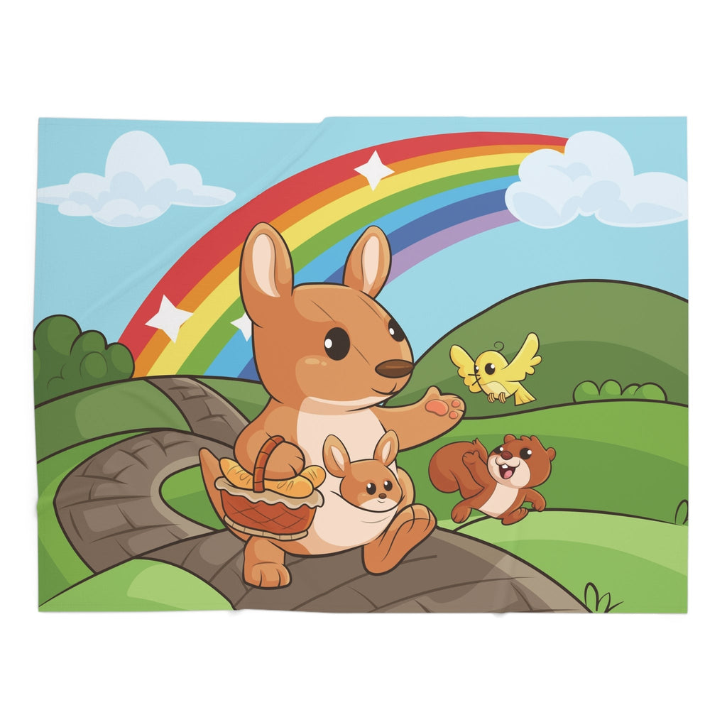 Full-color swaddle blanket with a kangaroo walking along a path through rolling hills with a rainbow in the background.