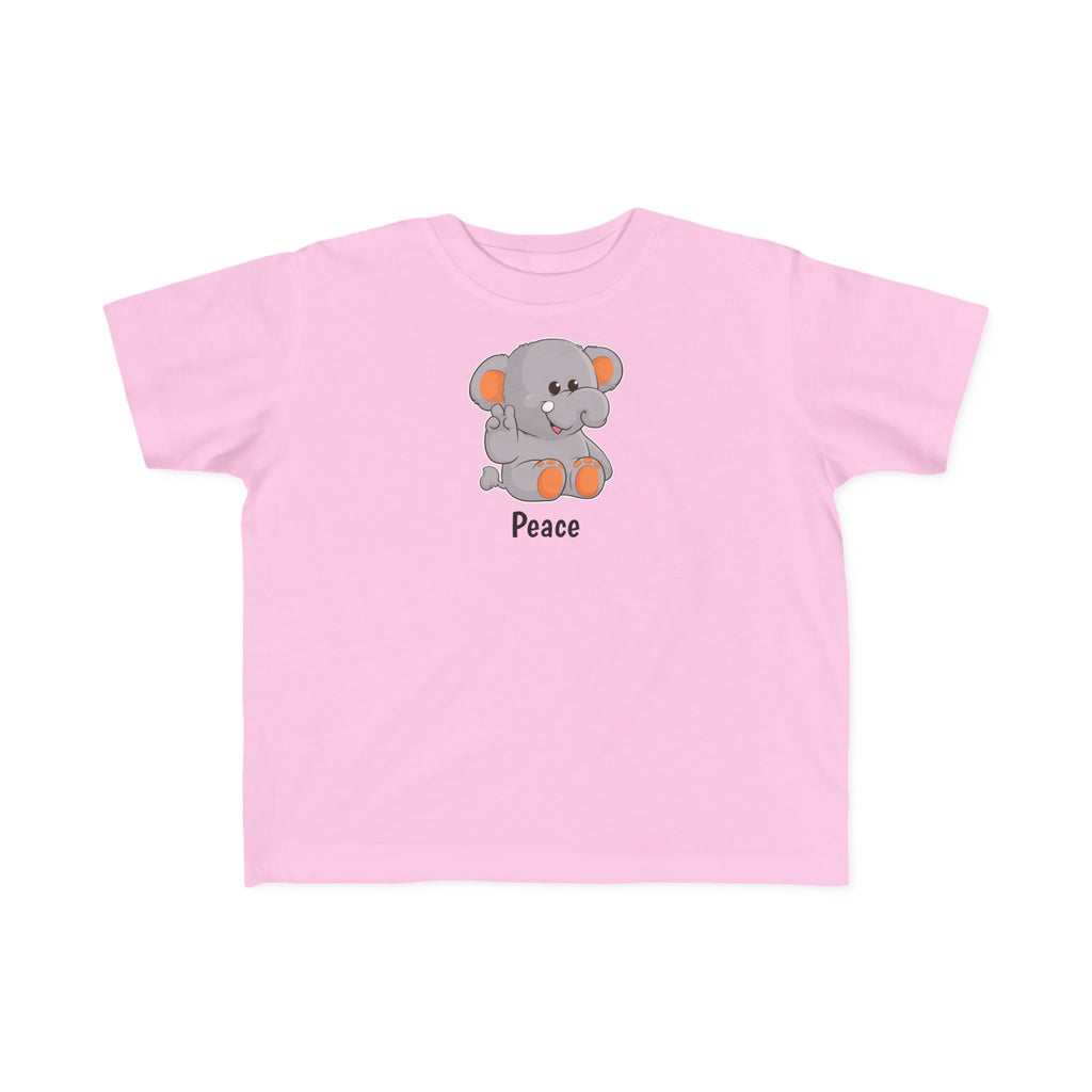 A short-sleeve light pink shirt with a picture of an elephant that says Peace.