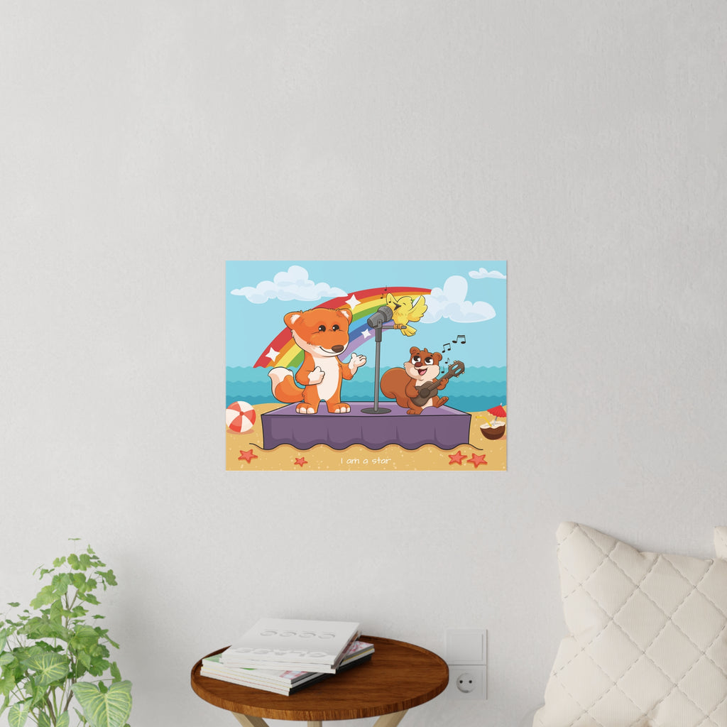 A 24 by 18 inch wall decal on a grey wall above a table and couch. The wall decal has a scene of a fox singing with a squirrel and bird on a stage on the beach, a rainbow in the background, and the phrase "I am a star" along the bottom.