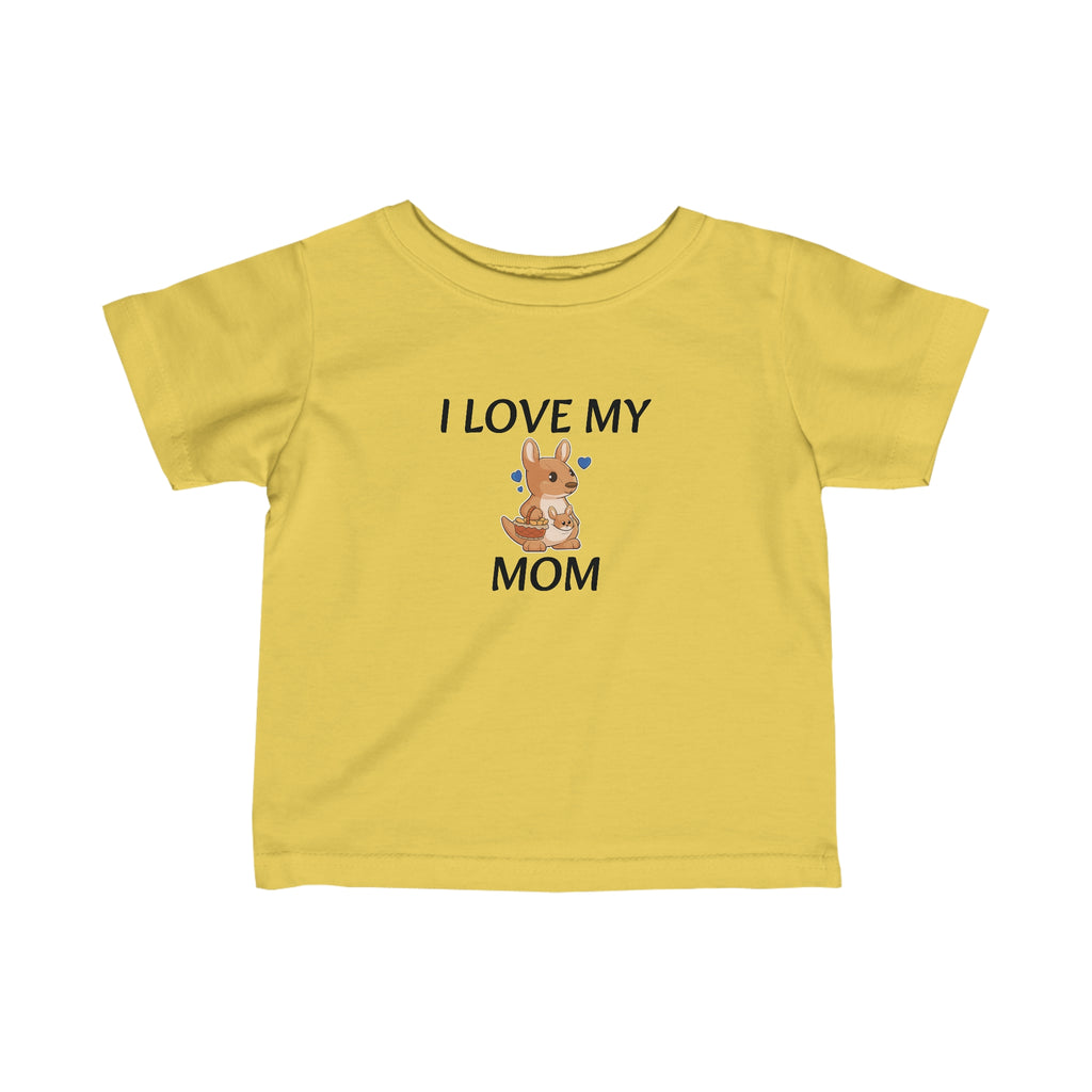 A short-sleeve yellow shirt with a picture of a kangaroo that says I Love My Mom.
