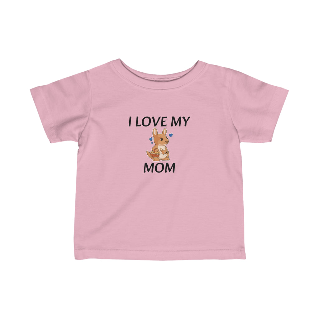 A short-sleeve light pink shirt with a picture of a kangaroo that says I Love My Mom.