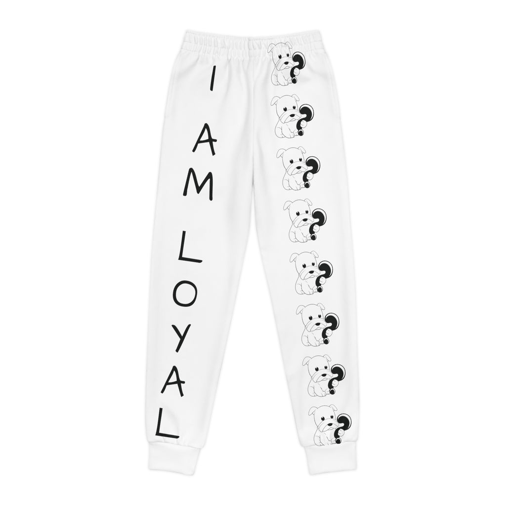 White sweatpants with a line of black and white dogs down the front left leg and the phrase "I am loyal" down the front right leg.