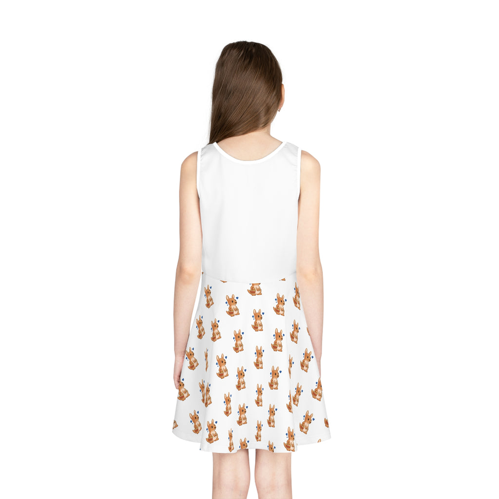 Back-view of a girl wearing a sleeveless white dress with a white top and a repeating pattern of a kangaroo on the skirt.