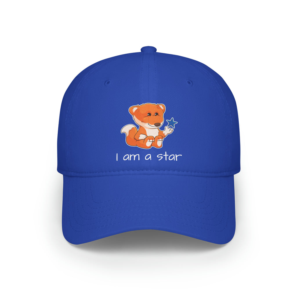 Front-view of a royal blue baseball hat with a picture of a fox that says I am a star.
