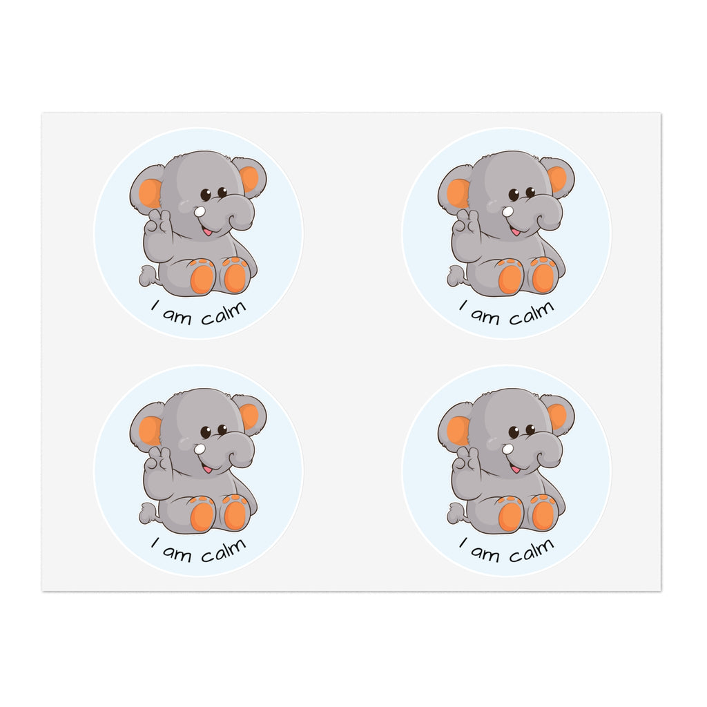 A sheet of 4 round stickers with a picture of an elephant that says I am calm.