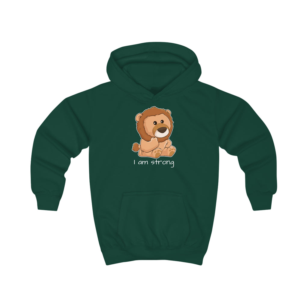 A dark green hoodie with a picture of a lion that says I am strong.
