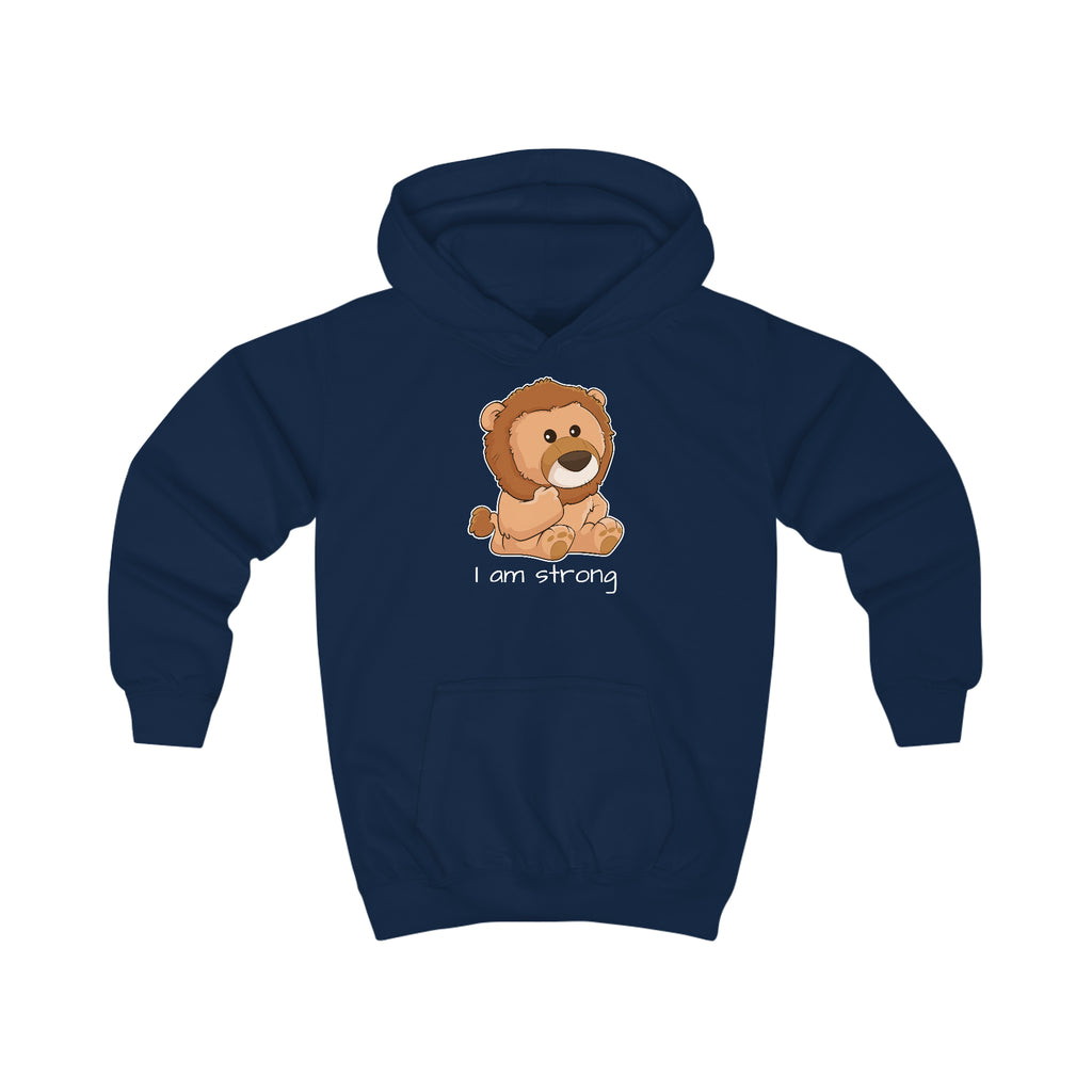 A navy blue hoodie with a picture of a lion that says I am strong.