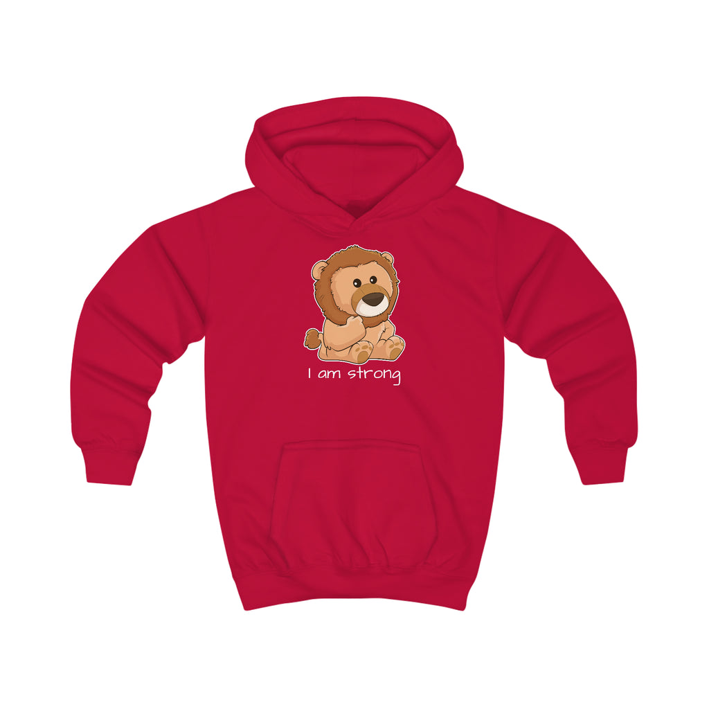 A red hoodie with a picture of a lion that says I am strong.