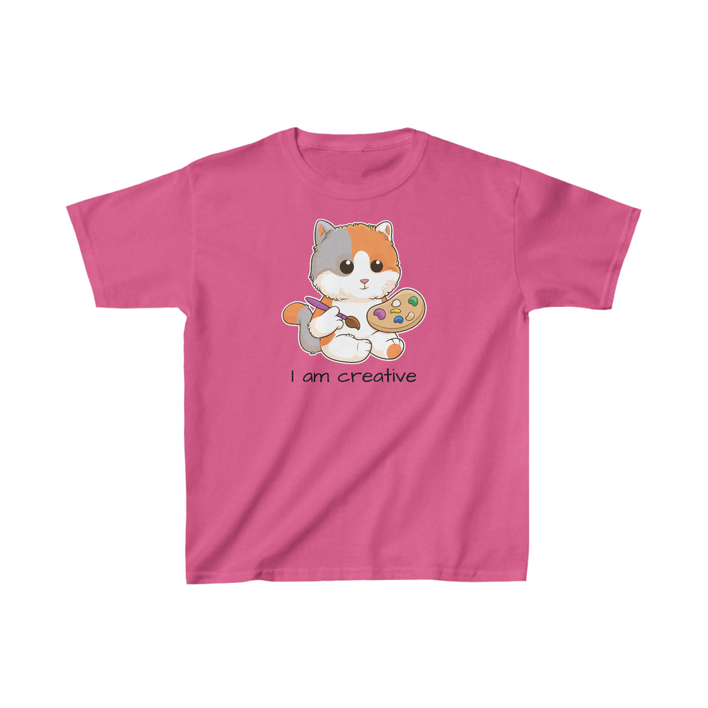A short-sleeve pink shirt with a picture of a cat that says I am creative.