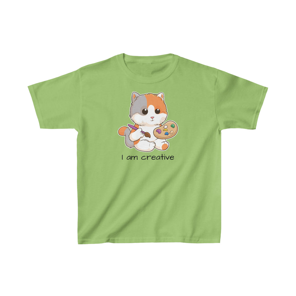 A short-sleeve lime green shirt with a picture of a cat that says I am creative.