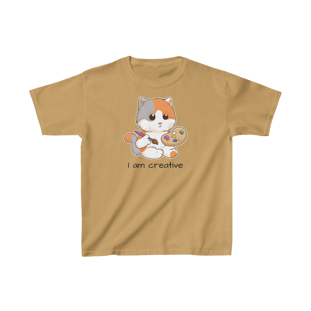 A short-sleeve old gold shirt with a picture of a cat that says I am creative.