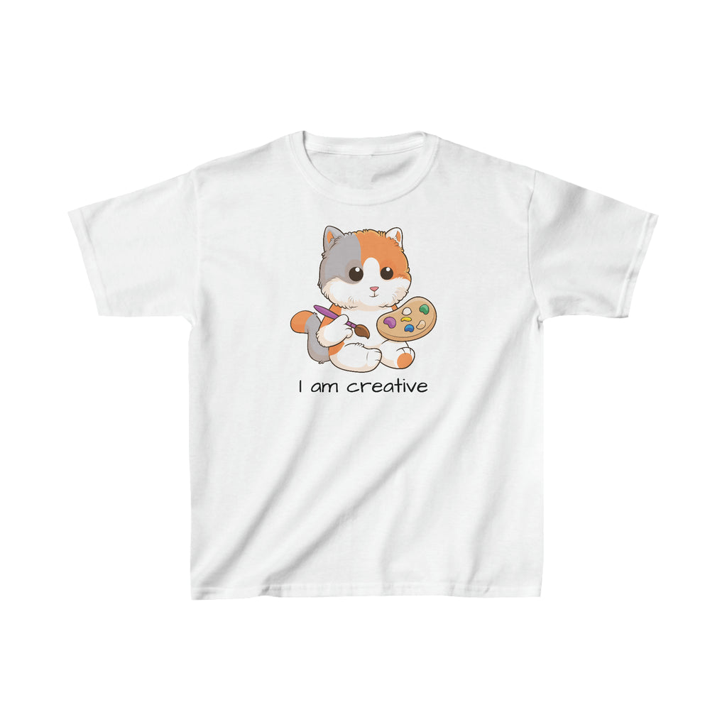 A short-sleeve white shirt with a picture of a cat that says I am creative.