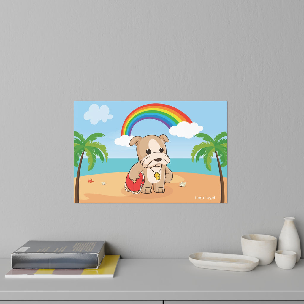 A 36 by 24 inch wall decal on a grey wall above a dresser and books. The wall decal has a scene of a dog lifeguard standing on a beach, a rainbow in the background, and the phrase "I am loyal" along the bottom.