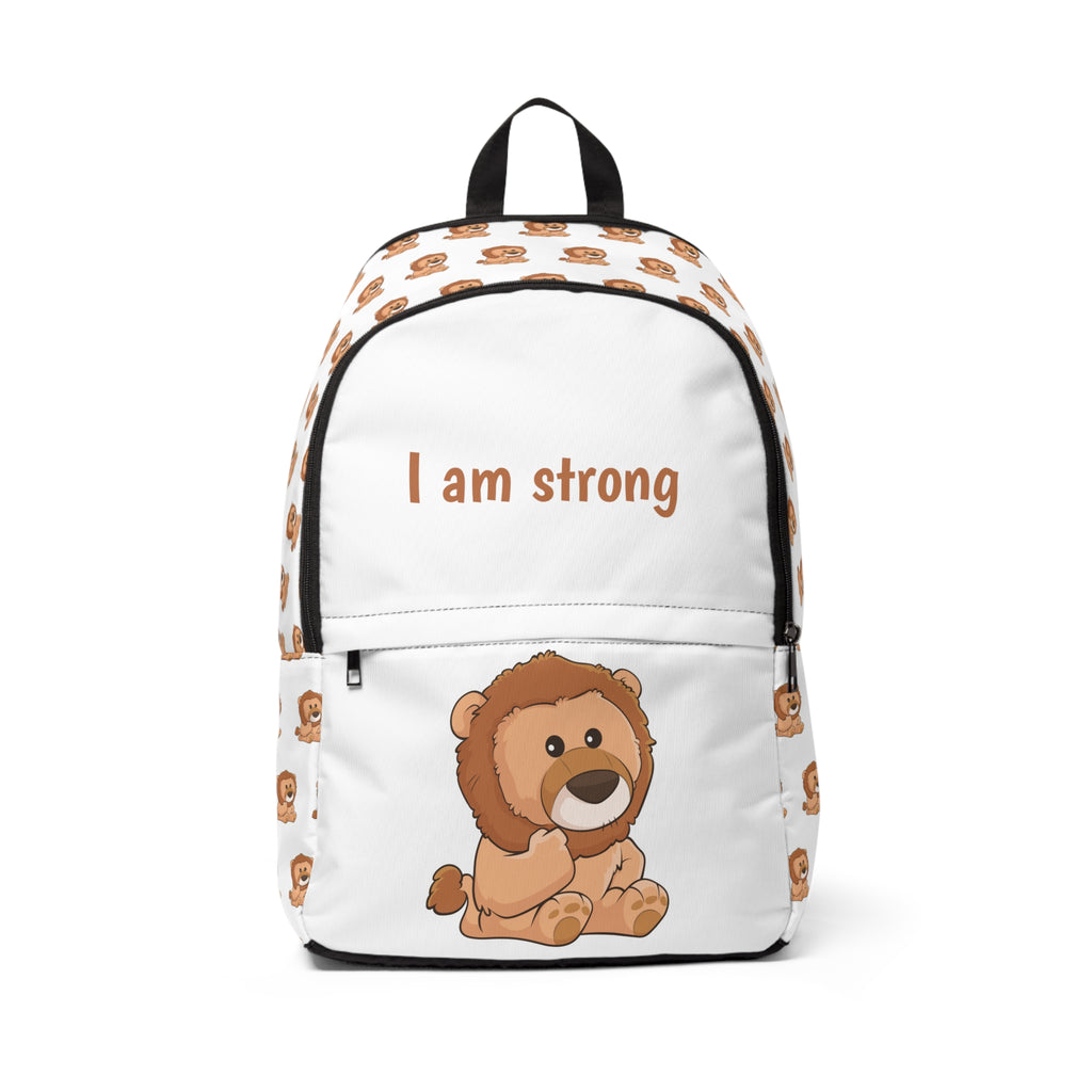 Front-view of a white backpack with a repeating pattern of a lion on the sides. The bottom half of the front features a large lion and the top half says "I am strong".