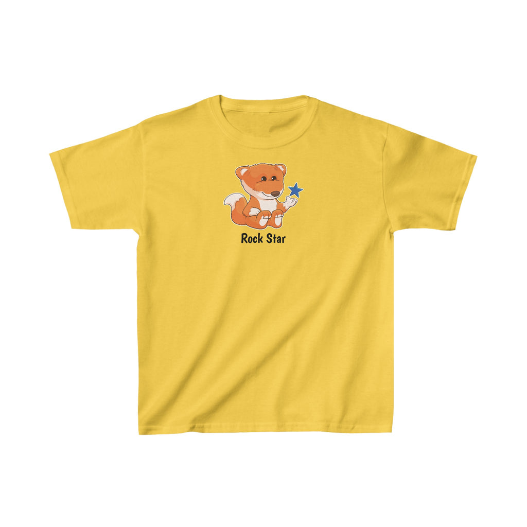 A short-sleeve yellow shirt with a picture of a fox that says Rock Star.