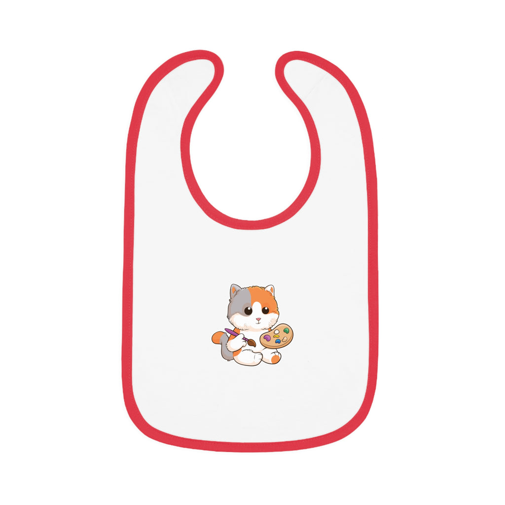 A white baby bib with red trim and a small picture of a cat.