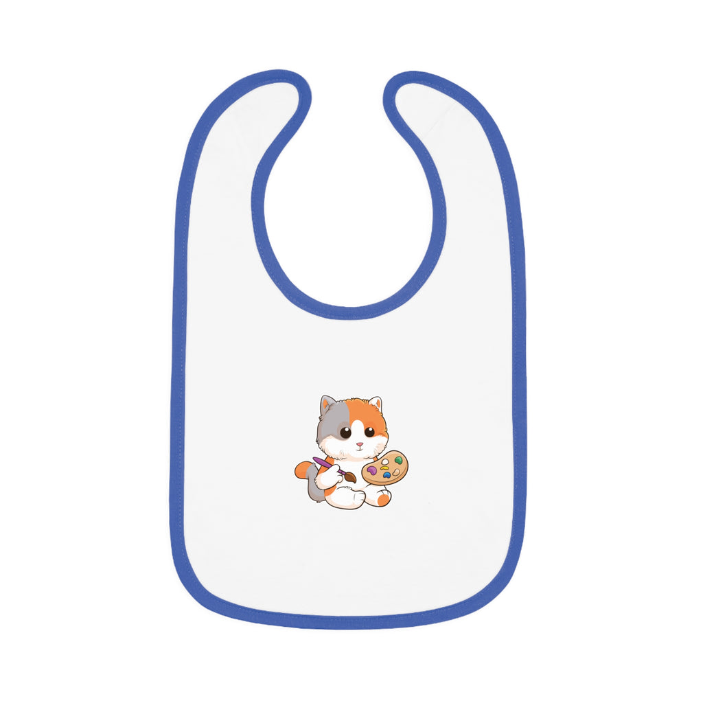 A white baby bib with royal blue trim and a small picture of a cat.