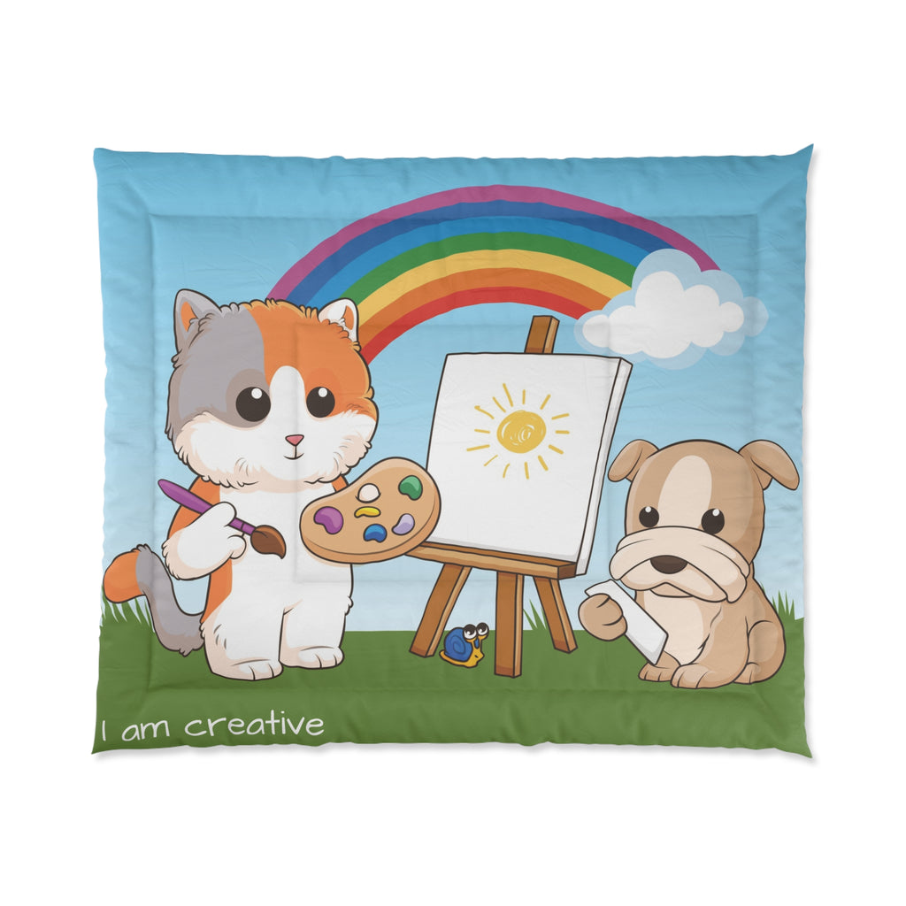 A 104 by 88 inch bed comforter with a scene of a cat painting on a canvas next to a dog, a rainbow in the background, and the phrase "I am creative" along the bottom.