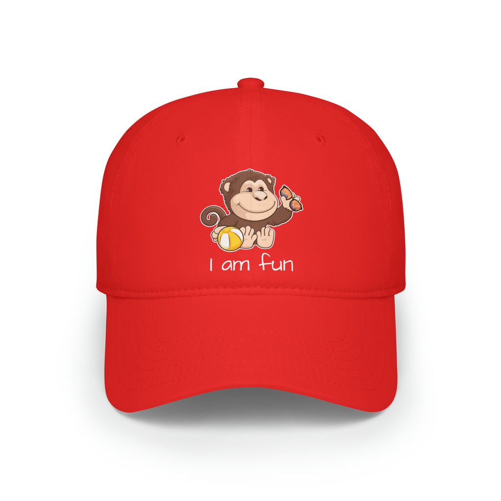 Front-view of a red baseball hat with a picture of a monkey that says I am fun.