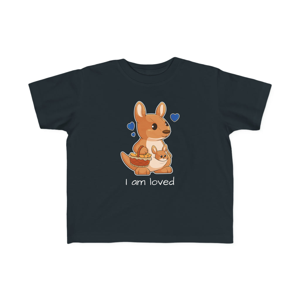 A short-sleeve black shirt with a picture of a kangaroo that says I am loved.