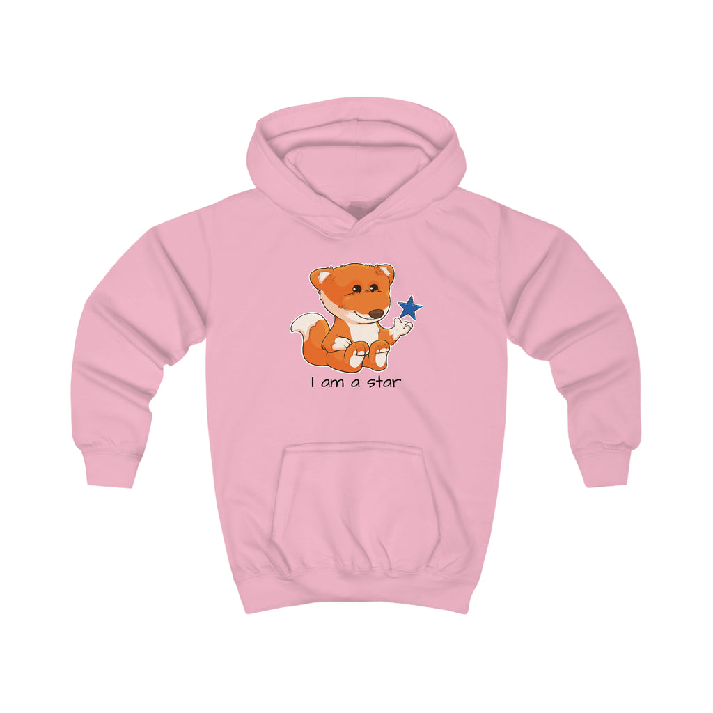 A light pink hoodie with a picture of a fox that says I am a star.