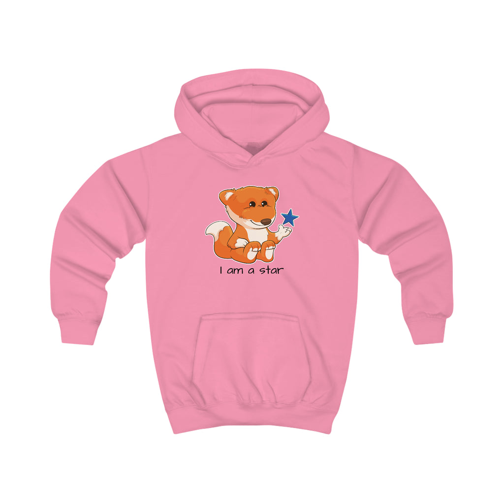 A pink hoodie with a picture of a fox that says I am a star.