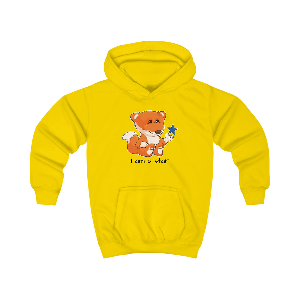 A yellow hoodie with a picture of a fox that says I am a star.