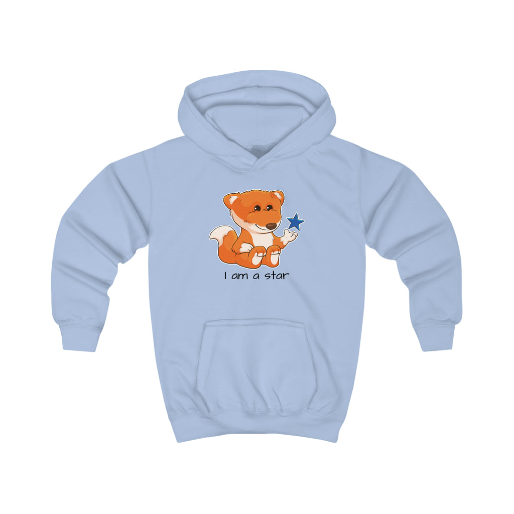 A light blue hoodie with a picture of a fox that says I am a star.
