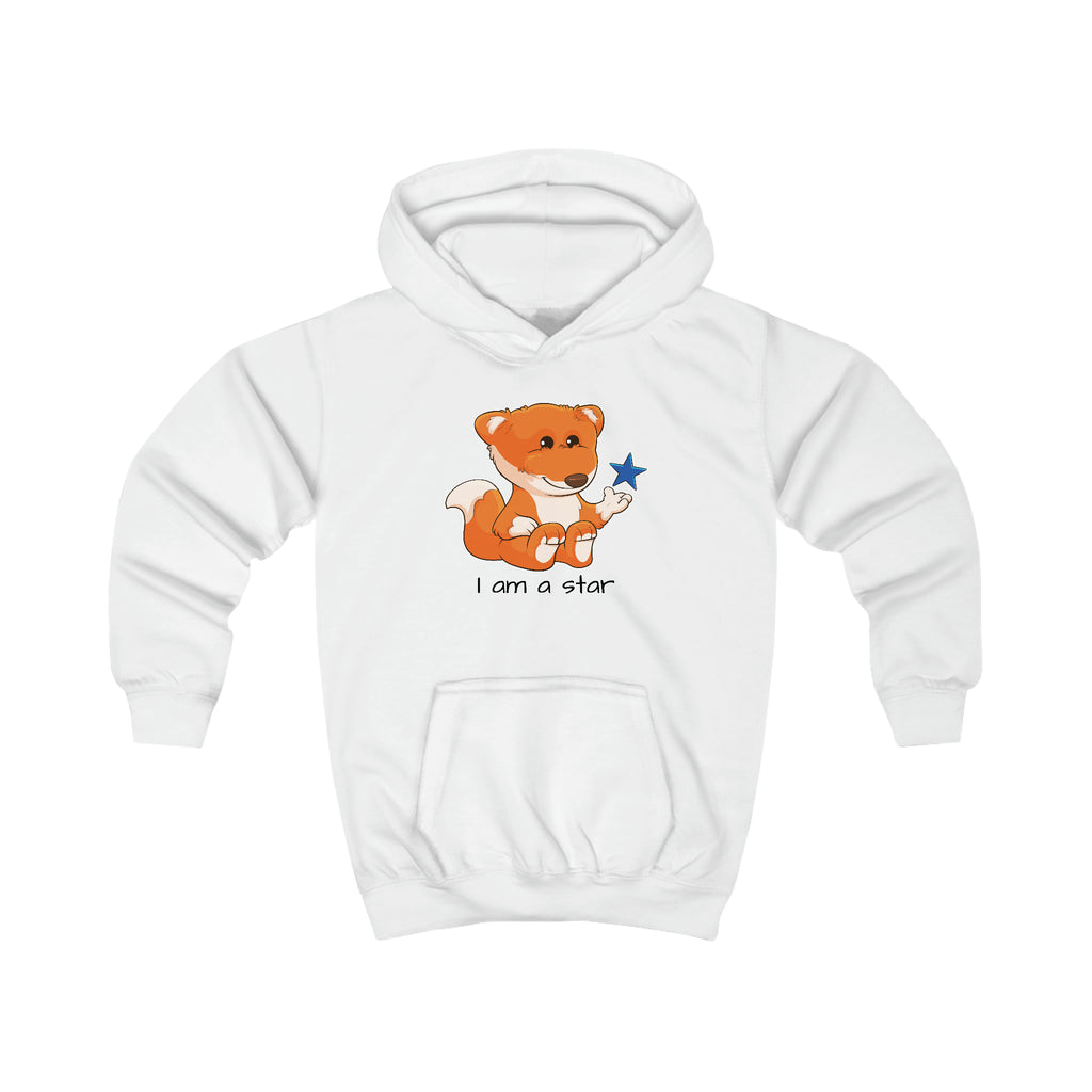 A white hoodie with a picture of a fox that says I am a star.