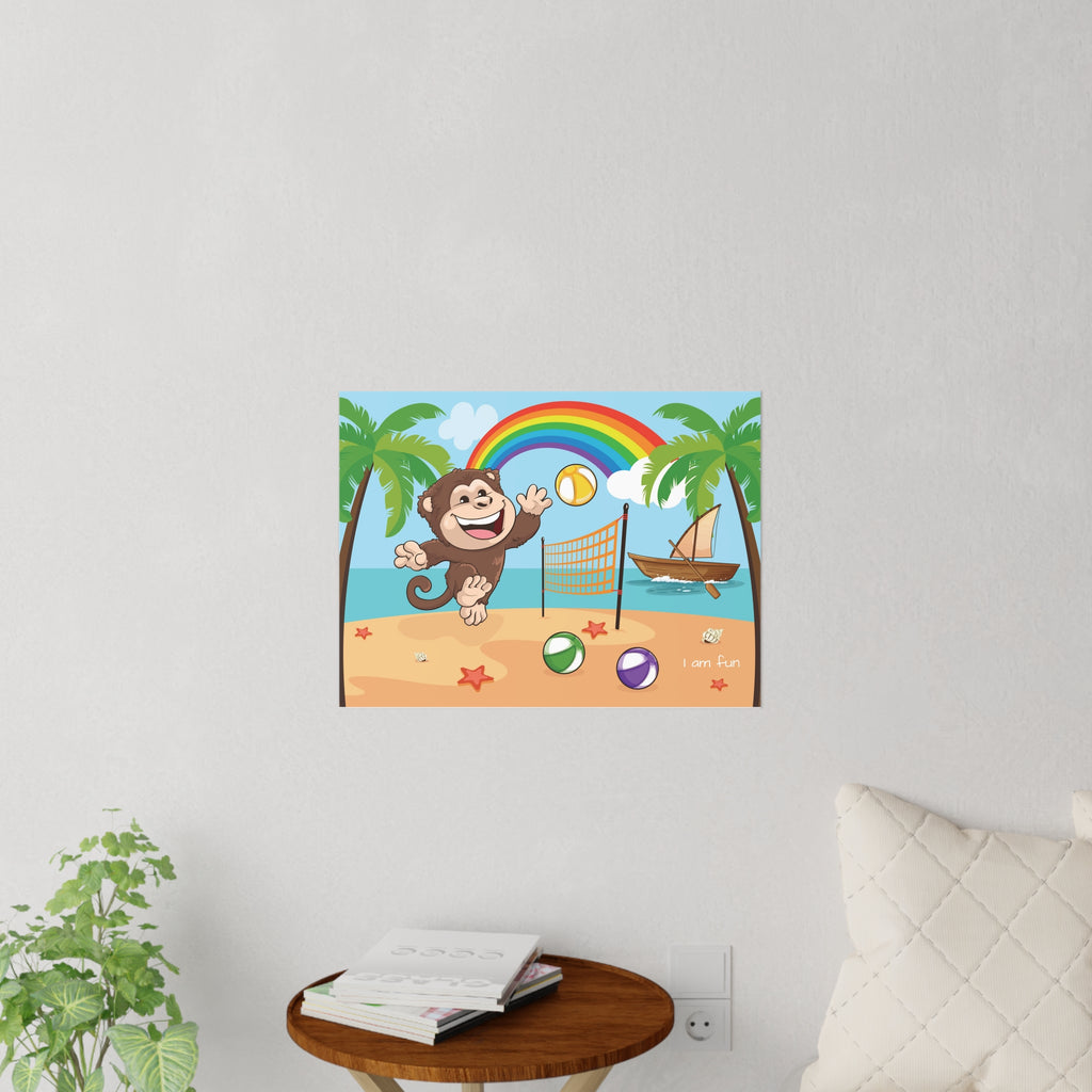 A 24 by 18 inch wall decal on a grey wall above a table and couch. The wall decal has a scene of a monkey playing volleyball on the beach, a rainbow in the background, and the phrase "I am fun" along the bottom.