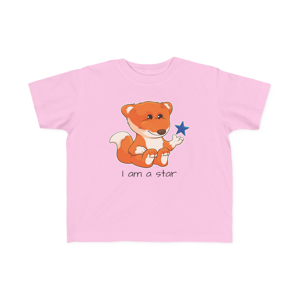A short-sleeve light pink shirt with a picture of a fox that says I am a star.
